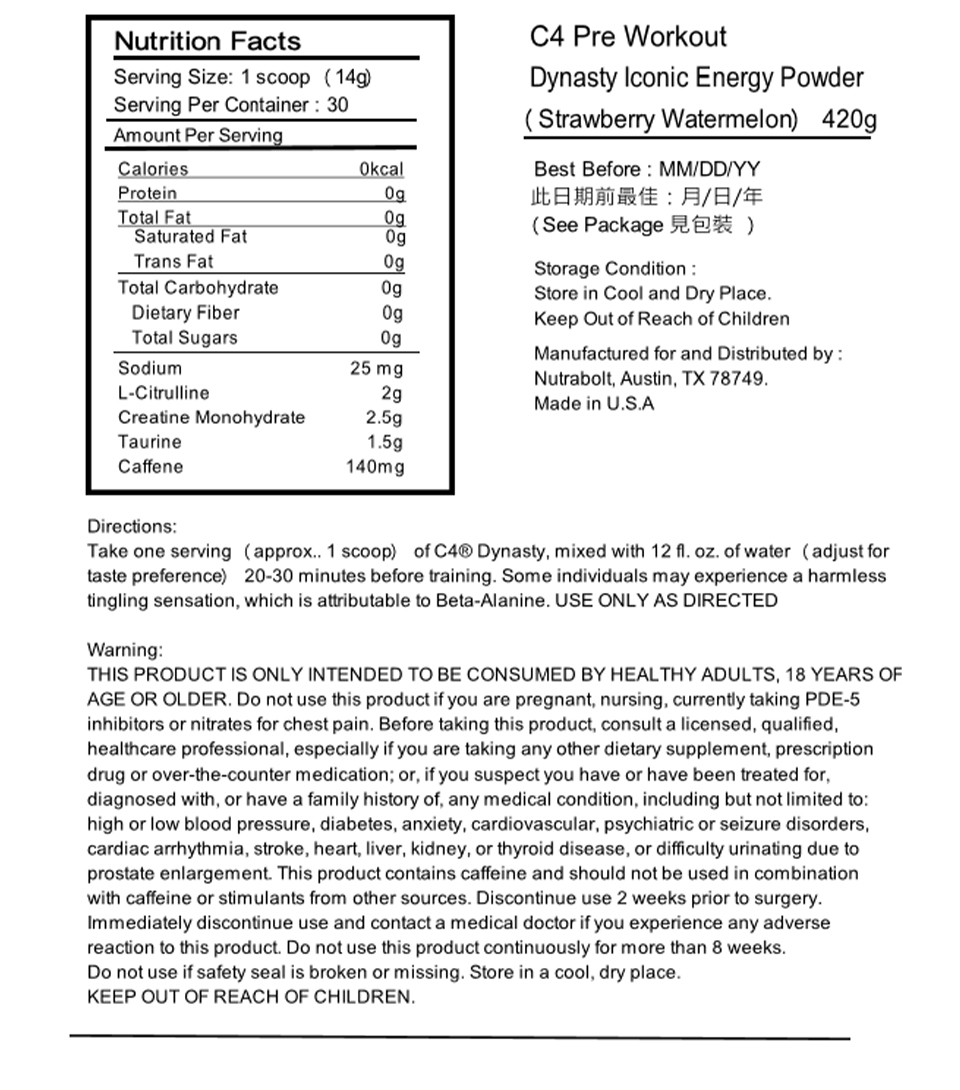 C4 Dynasty Iconic Energy Powder Strawberry Watermelon label