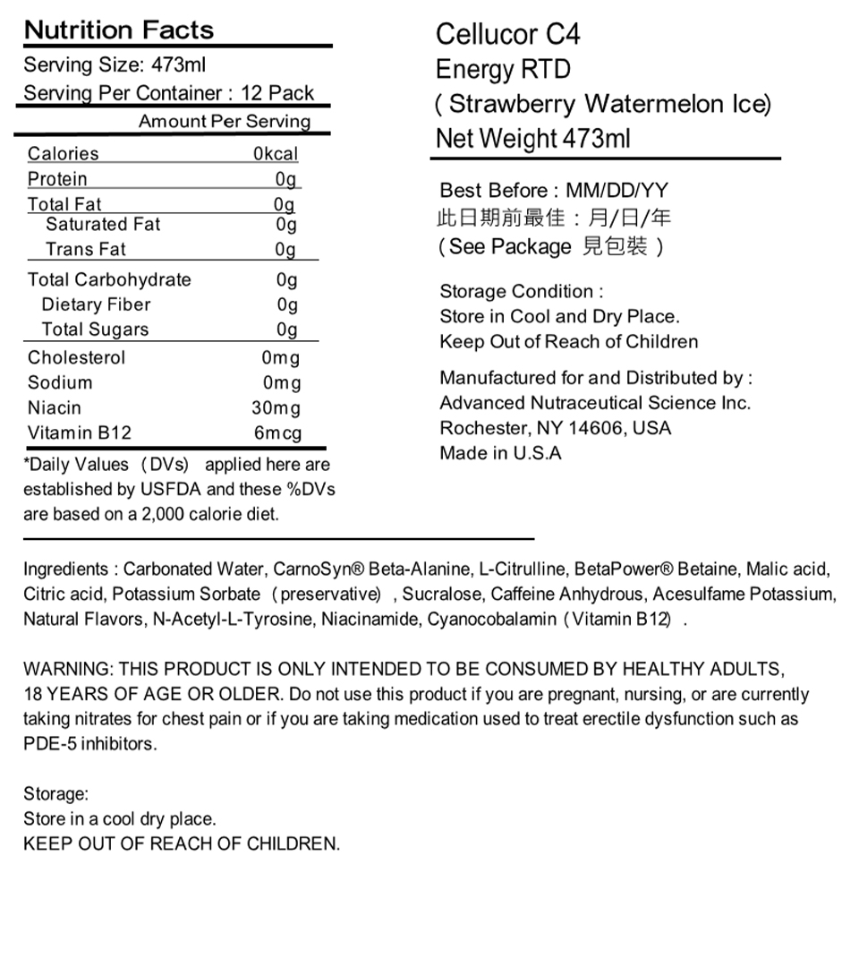 C4 Energy Drink Strawberry Watermelon Ice label