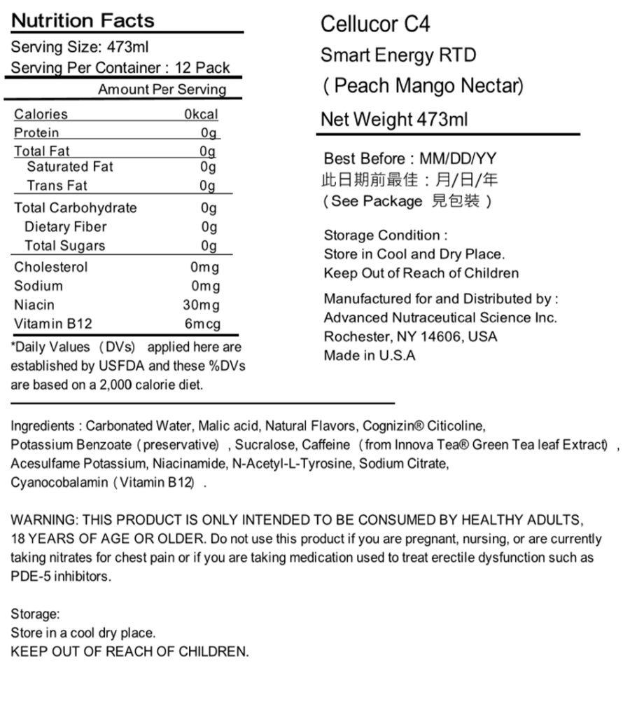 C4 Smart Energy Drink Peach Mango Nectar label